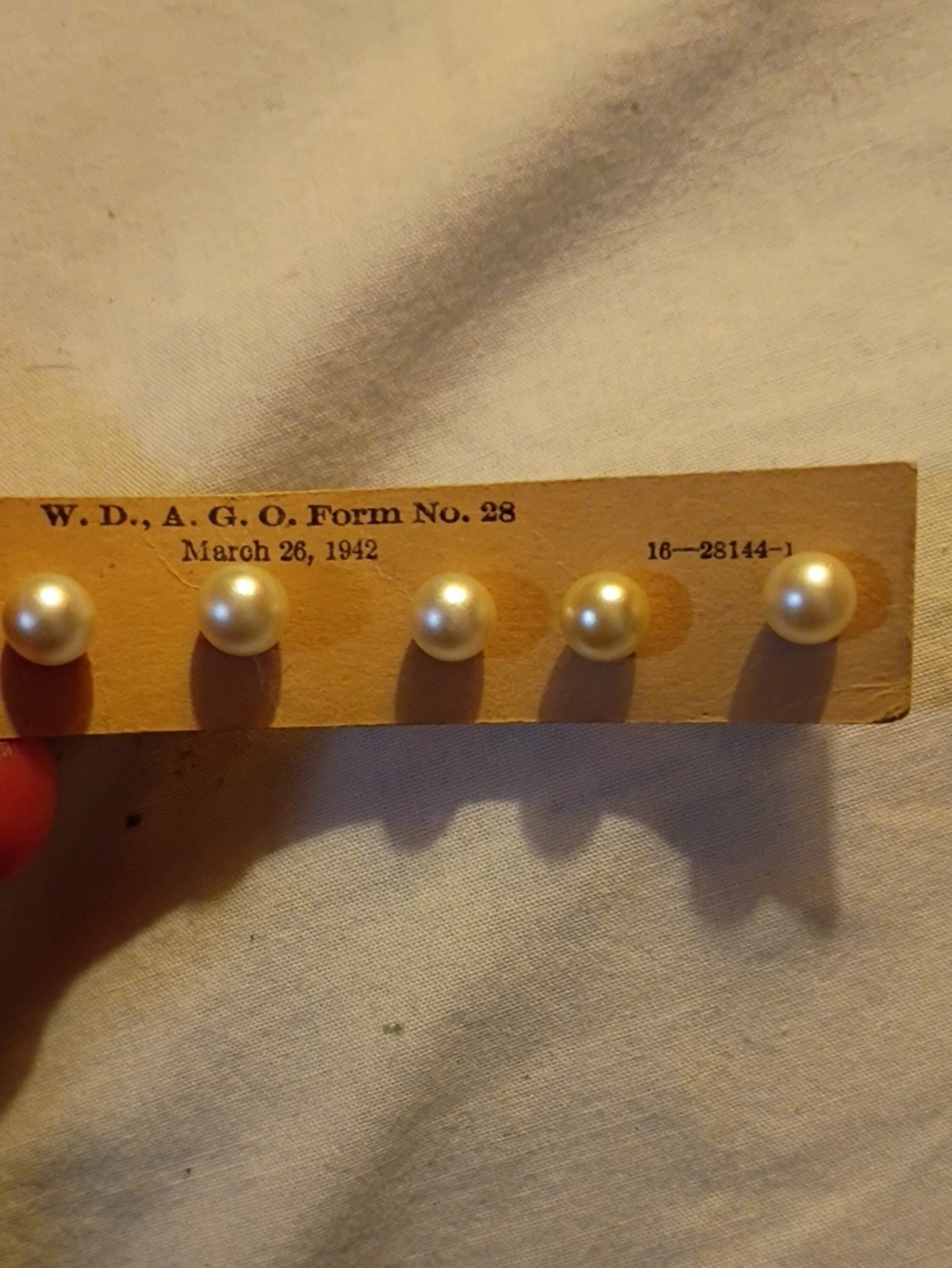 Vintage 1940s Pearl-Headed Pins, Set of 5, Mounted on Original 1942 U.S. Army Wa